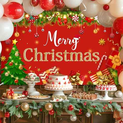 Avezano Merry Christmas Backdrop Red Merry Christmas Party Decorations Banner Merry Xmas Photography Backdrop for Winter New Year Xmas Eve Family Party Decoration Supplies (6x3.6ft)