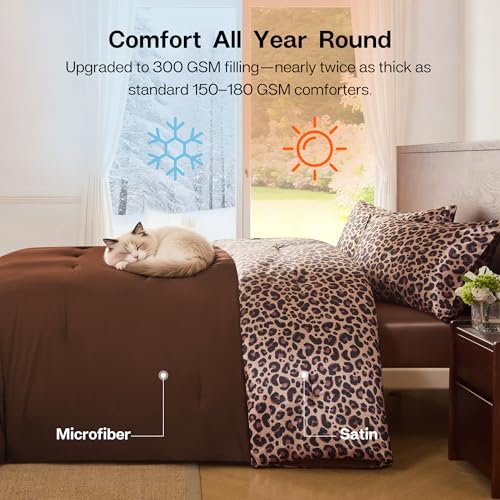 Queen Comforter Set Brown Leopard Reversible Satin Microfiber Bedding 3 Pieces - 10 Variation
