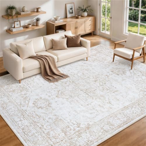8x10 Beige Washable Non-Slip Area Rug for Living Room - Microfiber, Low-Pile