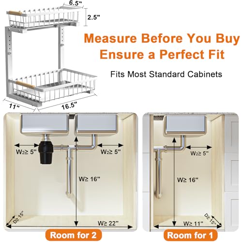 White Under Sink Organizer 2 Pack - Height Adjustable Kitchen & Bathroom Storage