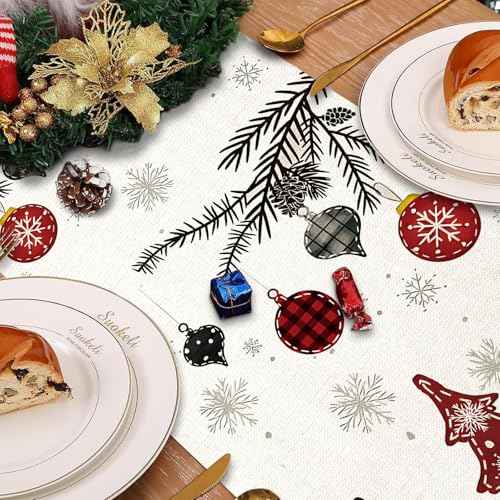 Red Pine Trees Merry Christmas Table Runner, Snowflake Table Runner, Seasonal Winter Decoration for Home Kitchen Dining Holiday Decor 13x72 Inch