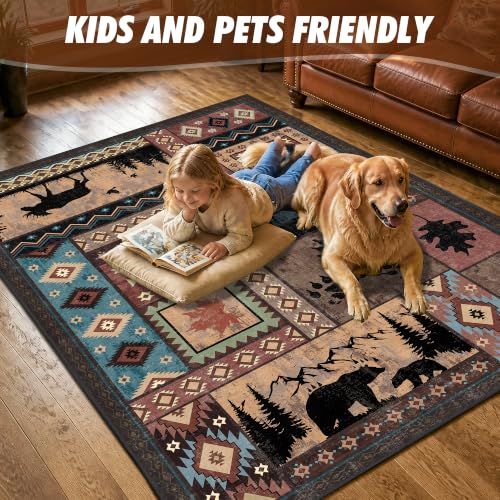 Brown 5x7 Rustic Cabin Area Rug - Washable Southwestern Wildlife Carpet