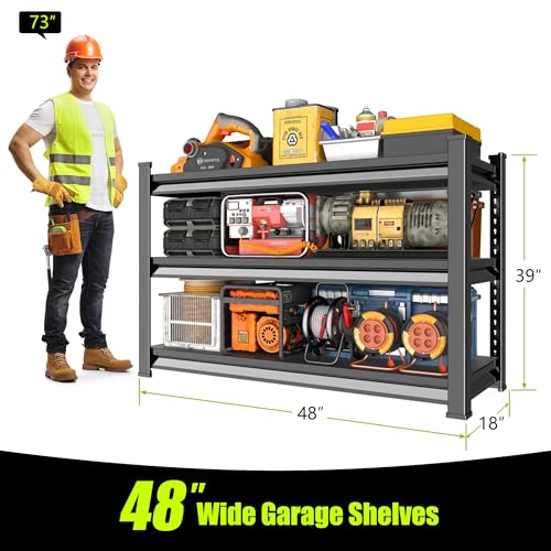 Heavy Duty 3-Tier Garage Shelving Unit 48"W x 18"D x 39"H Black / Adjustable Steel Storage Racks