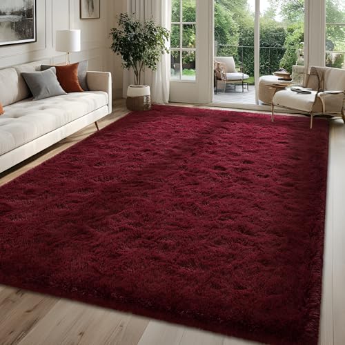Wine Red 6x9 Plush Burgundy Area Rug - FALARK Soft Non-Slip Shag Carpet