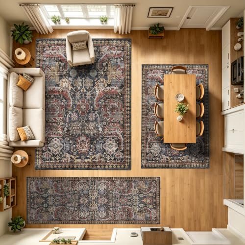 Washable Area Rug - Vintage Tribal Design, Non-Slip Water-Resistant, 6' x 9', Rust - Perfect for Living Room & Bedroom