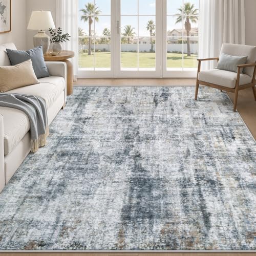 6x9 Washable Area Rug - Abstract Neutral Non Slip Indoor Carpet for Dining & Bedroom - Multi Blue