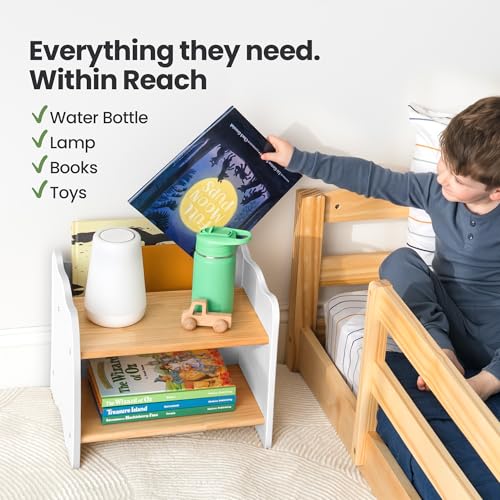 Kids Nightstand for Floor Beds - White Montessori Style Small Bedside Table with Book Pocket - Variation 2