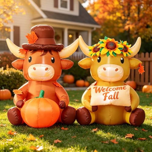 Fall Highland Cow Inflatable Decoration - 6 FT Outdoor Halloween & Autumn Yard Decor with Pumpkin & Welcome Sign - DomKom