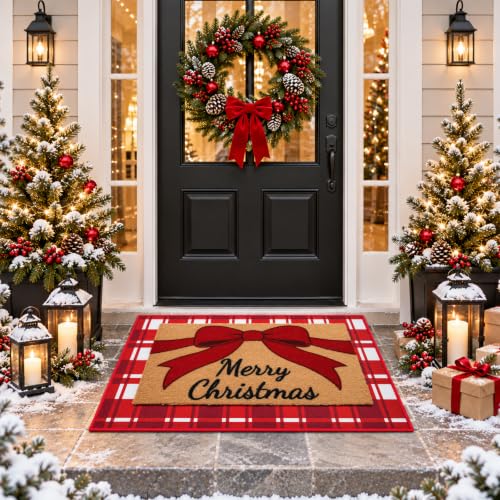 Prewplam 2 Pcs Christmas Welcome Doormat Set with Red Bow & Plaid Rug