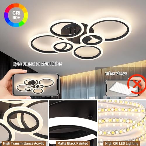 Shine LUEST 6 Rings Black Modern LED Ceiling Light Fixture, Flush