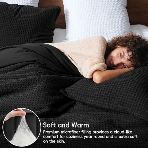 PHF Ultra Soft Waffle Comforter Set Queen Black 3 Pieces - Breathable & Durable