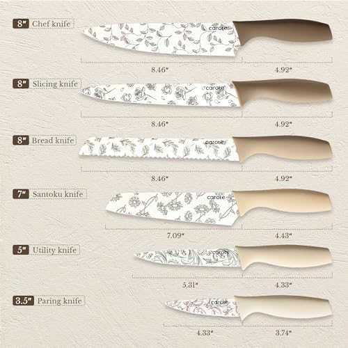 CAROTE Kitchen Knife Set, 6 Floral Knives with Blade Guards, 12-Piece