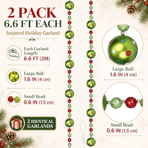 Canlierr 2 Pcs Lime Green Christmas Bead Garland Red & Green 6.6 ft Holiday Decor