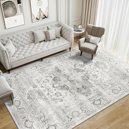 8x10 Ivory & Gray Non-Slip Washable Area Rug for Living Room