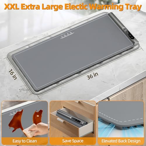 XXL Graphene Food Warming Mat 36x16 Inches with 6 Temp & Timer - Gray