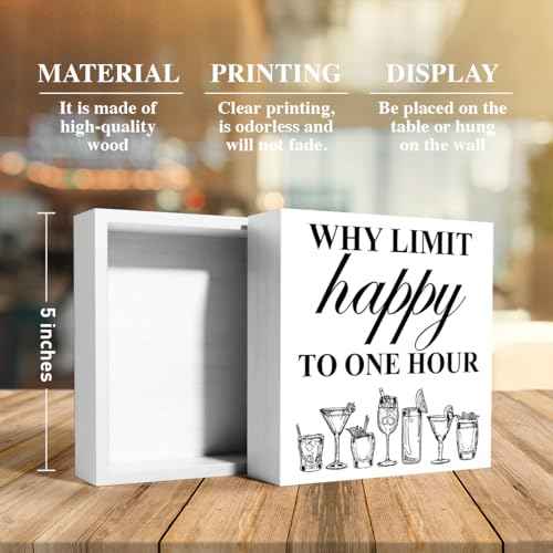 Bar Decor Wooden Box Sign, Home Kitchen Dining Room Drinking Bar Table Decor Cheers Bar Cart Cocktails Decoration, Bar Gifts for Women Men Couples, Limit Happy to One Hour