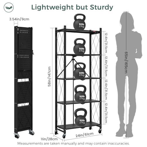 Black 5-Tier Folding Rolling Bookcase with Wheels - Heavy Duty Metal Shelving