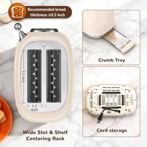 Mecity Cream 2-Slice Retro Touch Screen Toaster with Wide Slots & Multiple Settings