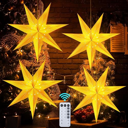 Hiboom 4 Pack 24 Inch Paper Star Lanterns with 8 Mode LED String Lights for Indoor Outdoor Decor, Wedding, Christmas, Party