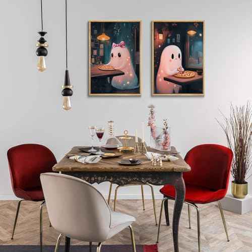 2Pcs Halloween Canvas Wall Art Pink Academic Romantic Ghost Posters Prints Cute Ghost Restaurant Eating Pizza Pictures Wall Decor for Living room Restaurant Kitchen Decoration Unframed