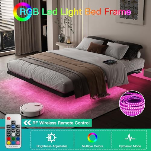 Queen Size Floating Bed Frame with RGB LED Lights & Charging Station - Modern Metal Platform Bed, No Box Spring Needed, Easy Assembly