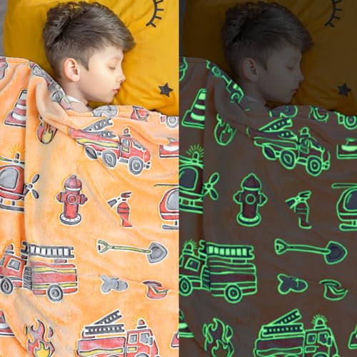 Fire Truck Blanket Glow in The Dark Blanket for Toddler Boys Gifts Toys for 3 4 5 6 7 8 9 10 Year Old Construction Blankets Firetruck Birthday Gifts for Kids
