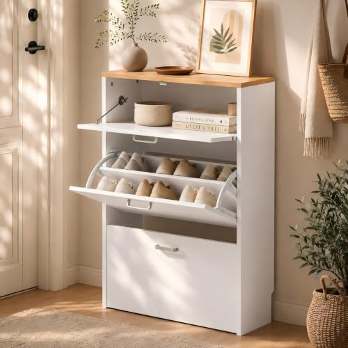 VINGLI Shoe Cabinet Storage for Entryway,White Small Narrow Rack,25" W