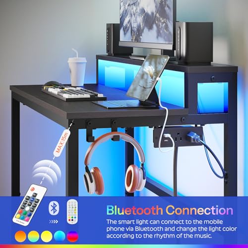 Black Gaming Desk with Charging Station LED Lights Monitor Stand 2-Tier Home Office