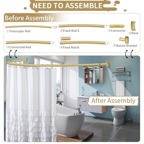 YNL Gold Curved Shower Curtain Rod 35-82 Inches Adjustable Rustproof Bathroom