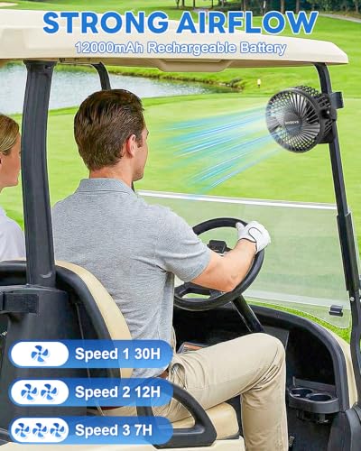 2-Pack Rechargeable 12000mAh Golf Cart Fans with Magnetic Base, 3 Speeds, LED, Timer