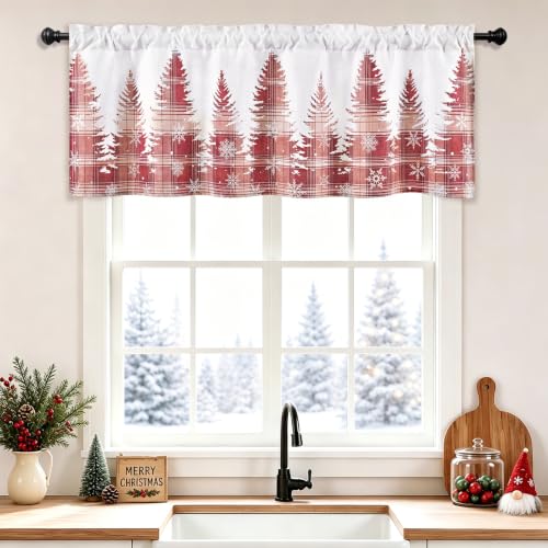 AtawLege Christmas Red Plaid Window Valance 52x18 Inches Snowflake & Tree Design