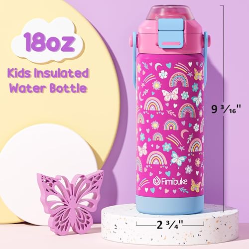 Fimibuke 18oz Kids Insulated Water Bottle with 2-in-1 Straw & Spout