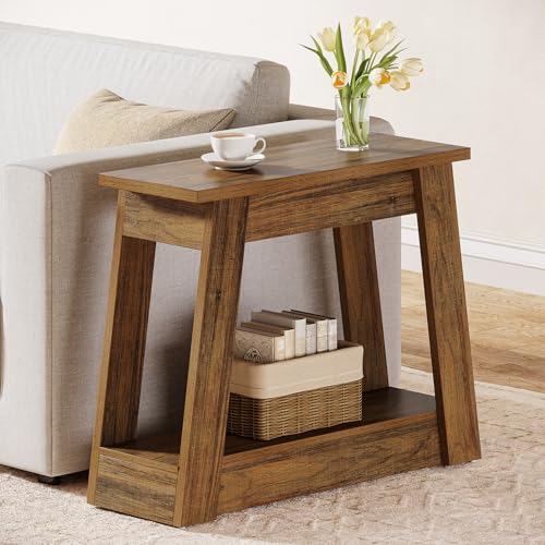 Tribesigns Rustic Brown Wood End Table with 2 Shelves - Narrow Nightstand for Living Room & Bedroom, Small Side Table