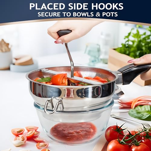 Gemfino Stainless Steel Food Mill with 3 Discs & Blue Silicone Spoon - Durable Hand-Crank Kitchen Tool for Tomatoes, Potatoes, Jams