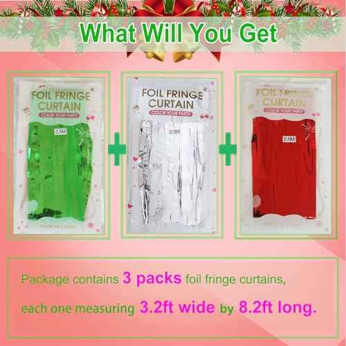 Christmas Foil Fringe Curtain -3 Pack of 3.2x8.2ft Red Silver Green Tinsel Fringe Backdrop Streamers for Christmas New Years Eve Party Supplies 2025 Photo Backdrop Party Decorations