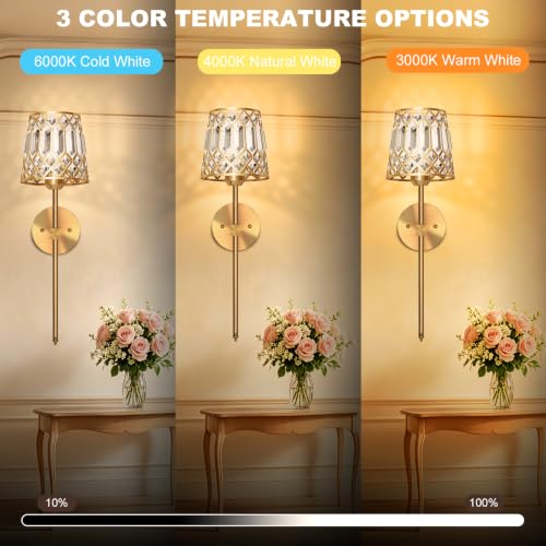 Rayspan Gold Rechargeable Wireless Crystal Wall Sconces Set of 2 with Remote, Dimmable RGB & CCT, Easy Installation