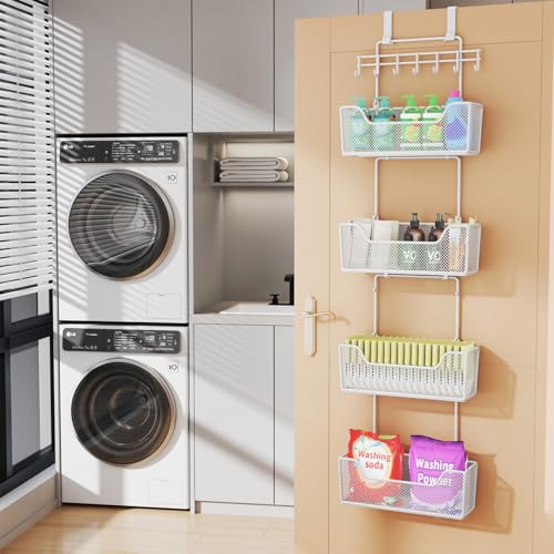 White Over Door Organizer with 4 Metal Baskets & Adjustable Hooks - HapiRm