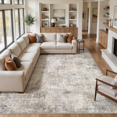 Cotiled 9x12 Area Rug for Living Room - Abstract Washable Carpet, Brown & Grey