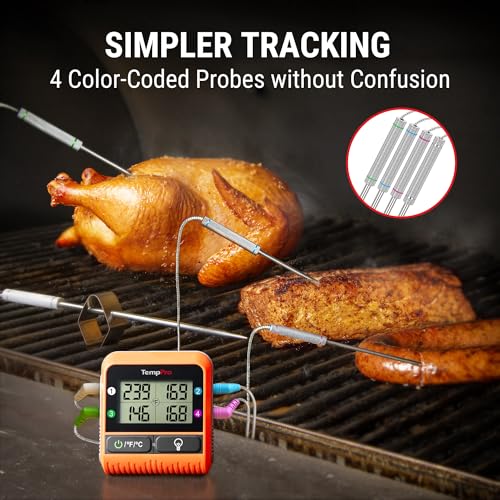 TempPro Wireless Meat Thermometer with 4 Probes - 1000FT Remote Grill & BBQ Thermometer