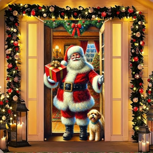 Funny Merry Christmas Door Cover Santa Claus Welcome Banner, 71 x 35 Inch Christmas Party and Home Decor for Front Door Holiday Cheer