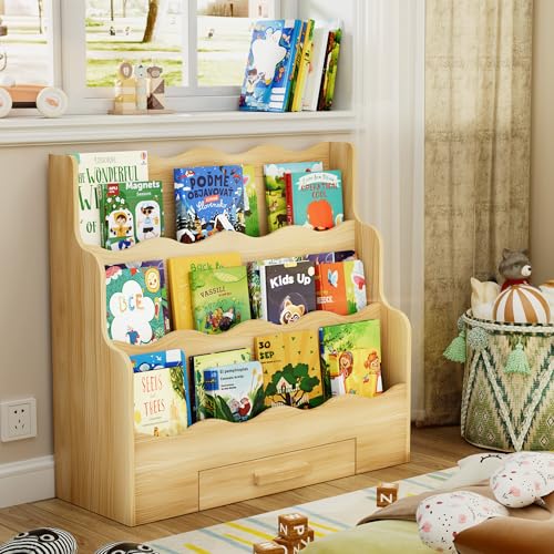 29.6-Inch Kids Montessori Scalloped Bookshelf with Drawer - Toddler Storage