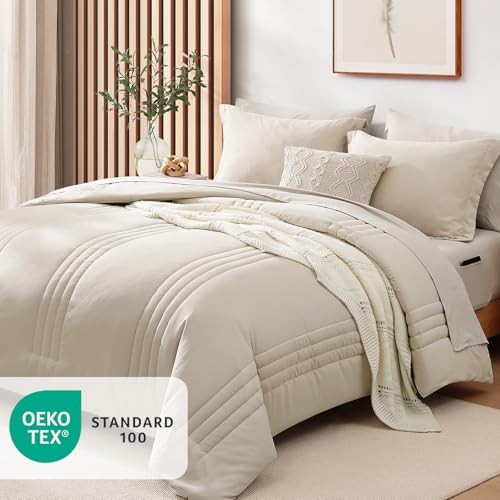 Monbix Oversized King Comforter Set - Apricot Beige Bedding 7 Pieces Bed in a Bag
