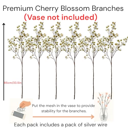 White Cherry Blossom Branches - 6 Faux Silk Long Stems for Vase Arrangements