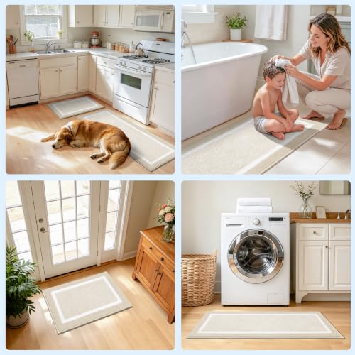 Pauwer 3-Piece Non-Slip Bathroom Rug Set with U-Shaped Toilet Mat - Light Beige, 18x26/18x48 inches