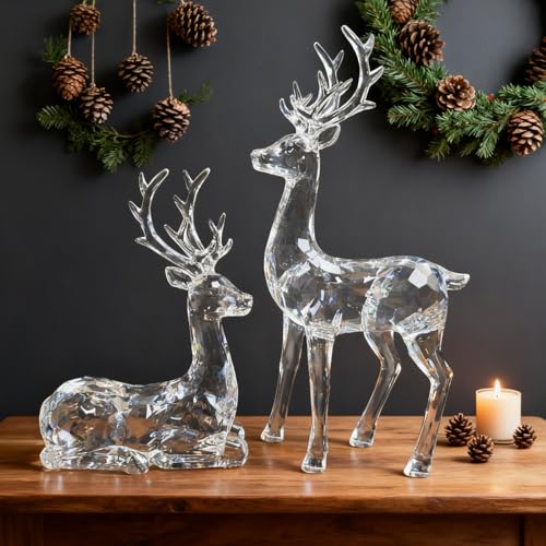 EverZenHub Clear Reindeer Figurines Set of 2 Christmas Resin Decor - Standing & Sitting