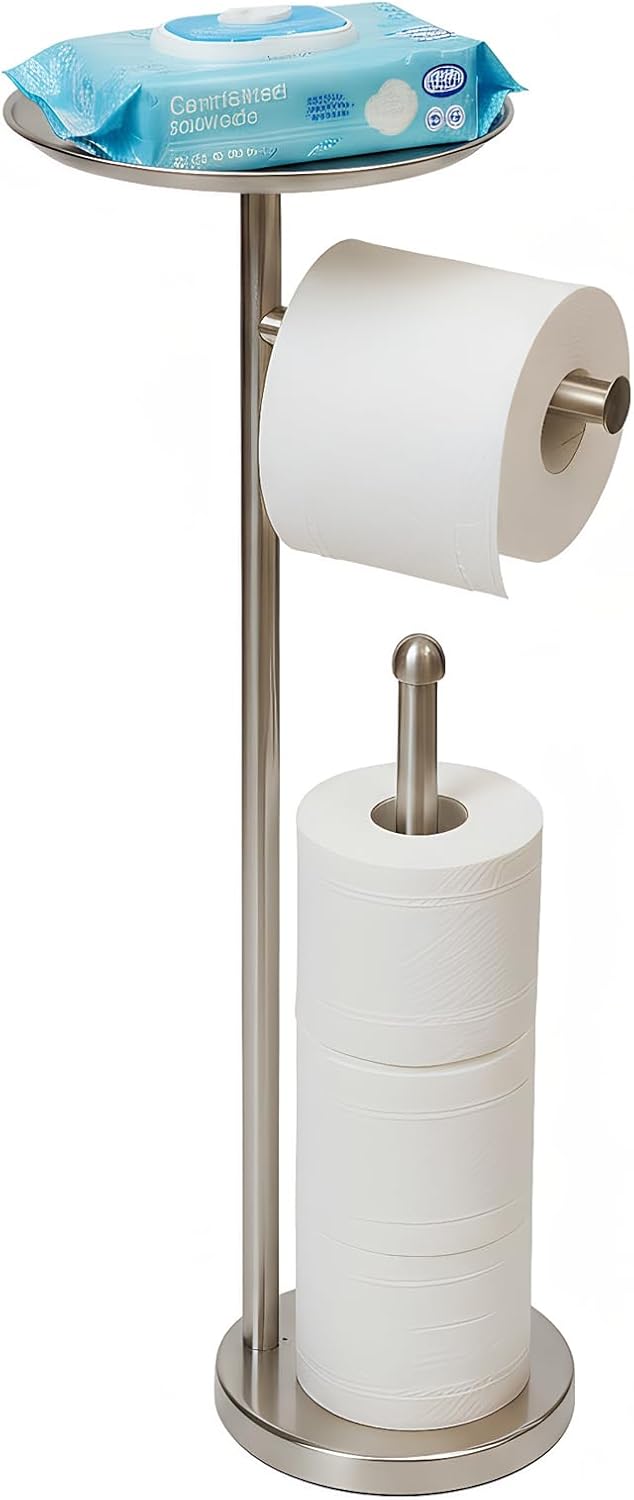 Skiennix Freestanding Toilet Paper Holder - Stylish Storage with Shelf for 4 Extra Rolls | Brushed Nickel
