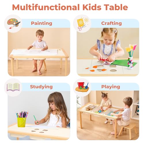 Bateso Wooden Sand and Water Table for Toddlers with 3 Storage Bins - Indoor & Outdoor Sensory Play