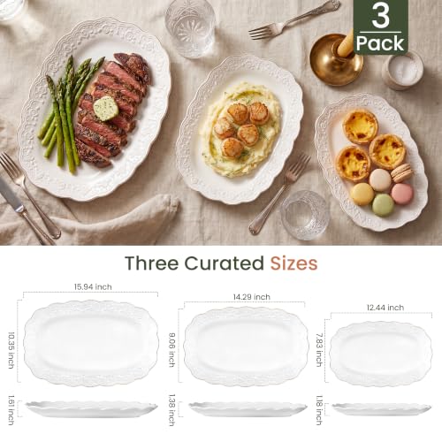 Kassel Large Oval Ceramic Serving Platter Set - 16”, 14”, 12” Extra Large Trays for Entertaining & Weddings