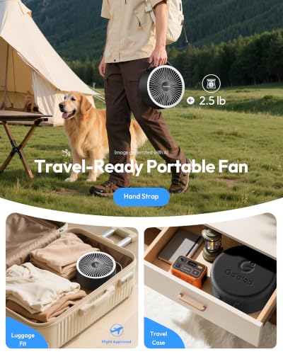 Gaiatop Portable Pedestal Fan with 16000mAh Battery, LED Light & Remote - Black