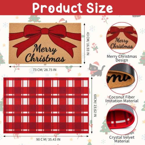 Prewplam 2 Pcs Christmas Welcome Doormat Set with Red Bow & Plaid Rug